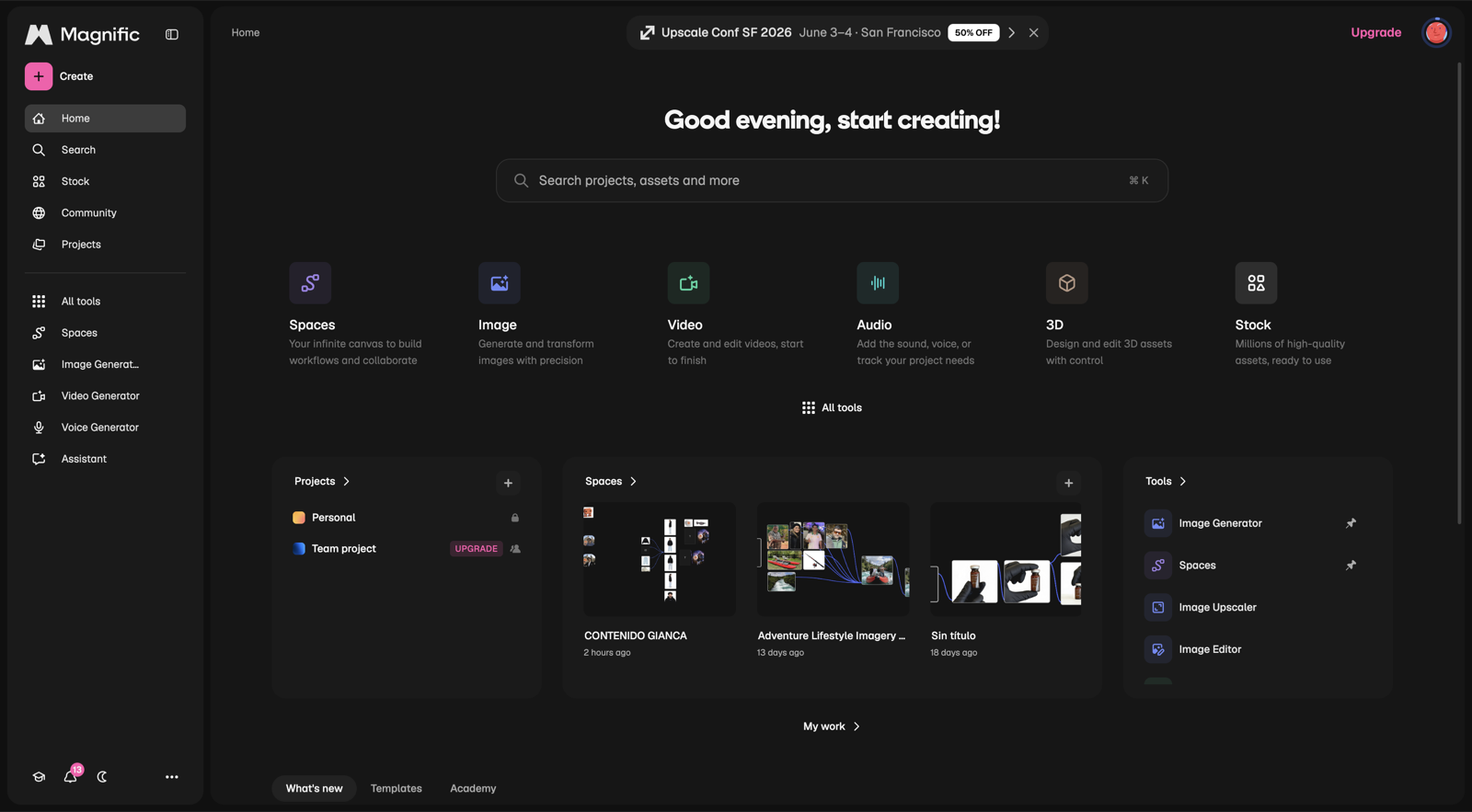Pantalla inicial de Magnific tras iniciar sesión