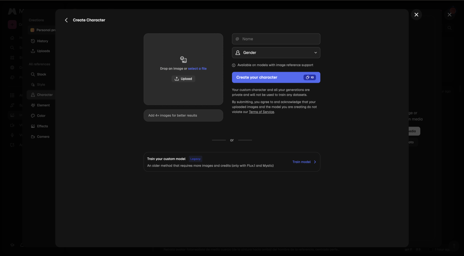 Modal de Magnific para crear un nuevo @character con upload de imagen